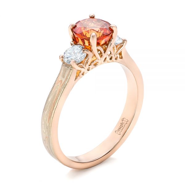 14k Rose Gold Custom Orange Sapphire And Diamond Mokume Engagement Ring - Three-Quarter View -  102104