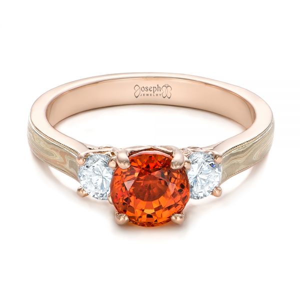 14k Rose Gold Custom Orange Sapphire And Diamond Mokume Engagement Ring - Flat View -  102104