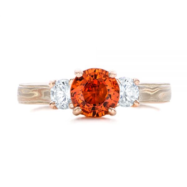 14k Rose Gold Custom Orange Sapphire And Diamond Mokume Engagement Ring - Top View -  102104