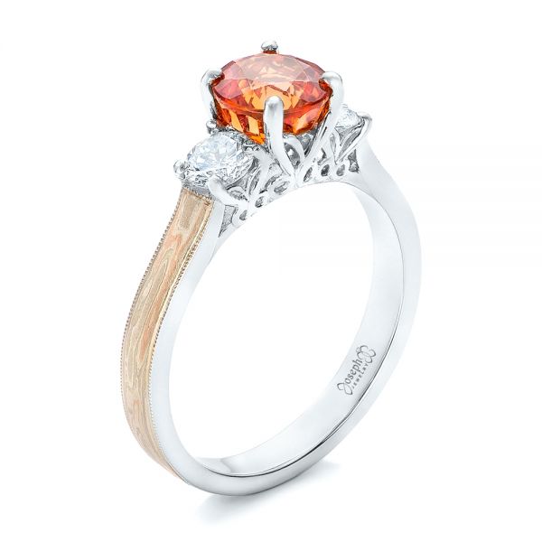 18k White Gold 18k White Gold Custom Orange Sapphire And Diamond Mokume Engagement Ring - Three-Quarter View -  102104
