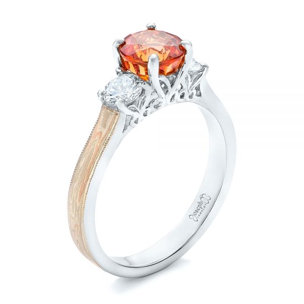Platinum Platinum Custom Orange Sapphire And Diamond Mokume Engagement Ring - Three-Quarter View - 102104