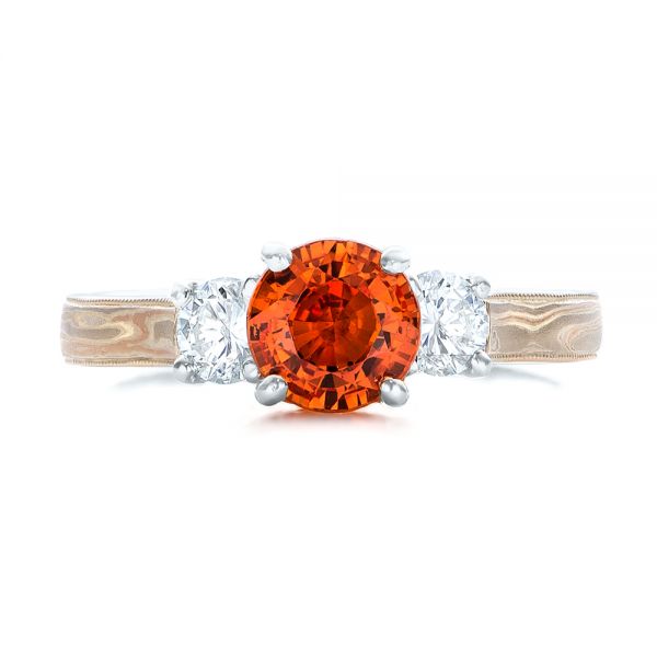 18k White Gold 18k White Gold Custom Orange Sapphire And Diamond Mokume Engagement Ring - Top View -  102104