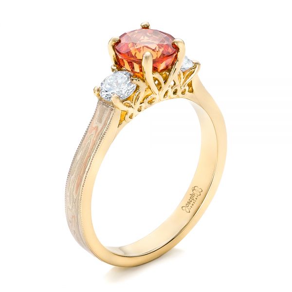 14k Yellow Gold 14k Yellow Gold Custom Orange Sapphire And Diamond Mokume Engagement Ring - Three-Quarter View -  102104