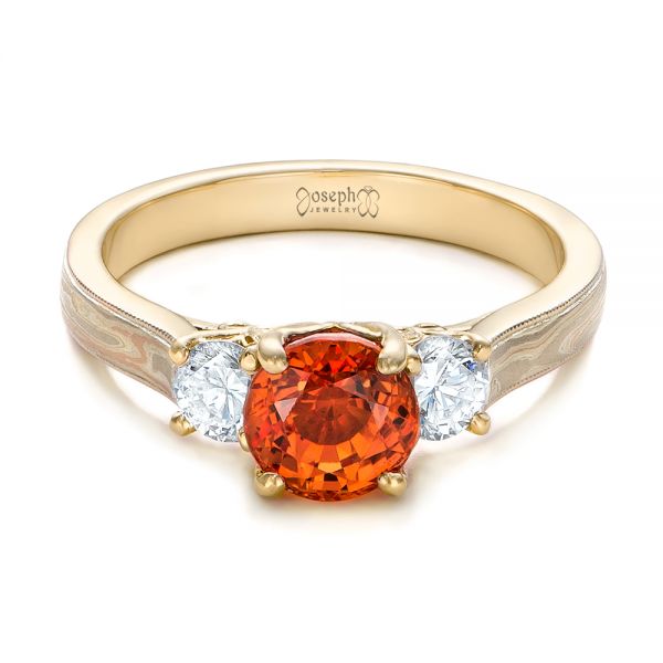 18k Yellow Gold 18k Yellow Gold Custom Orange Sapphire And Diamond Mokume Engagement Ring - Flat View -  102104