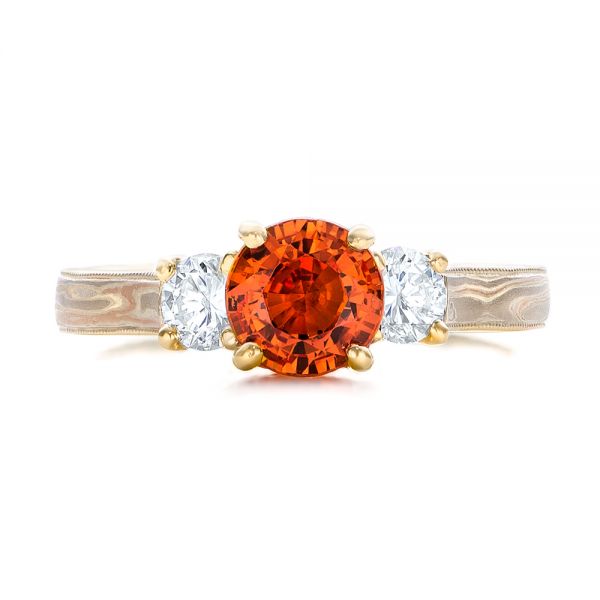 18k Yellow Gold 18k Yellow Gold Custom Orange Sapphire And Diamond Mokume Engagement Ring - Top View -  102104