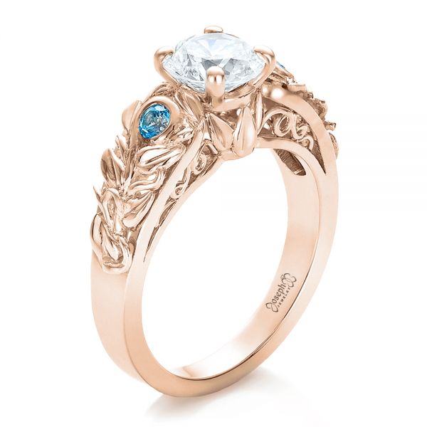 18k Rose Gold 18k Rose Gold Custom Organic Diamond And Blue Topaz Engagement Ring - Three-Quarter View -  100600