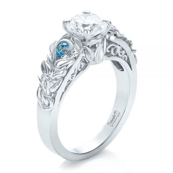 14k White Gold 14k White Gold Custom Organic Diamond And Blue Topaz Engagement Ring - Three-Quarter View -  100600