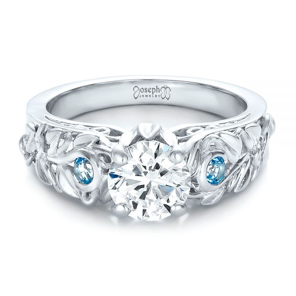 18k White Gold Custom Organic Diamond And Blue Topaz Engagement Ring - Flat View - 100600