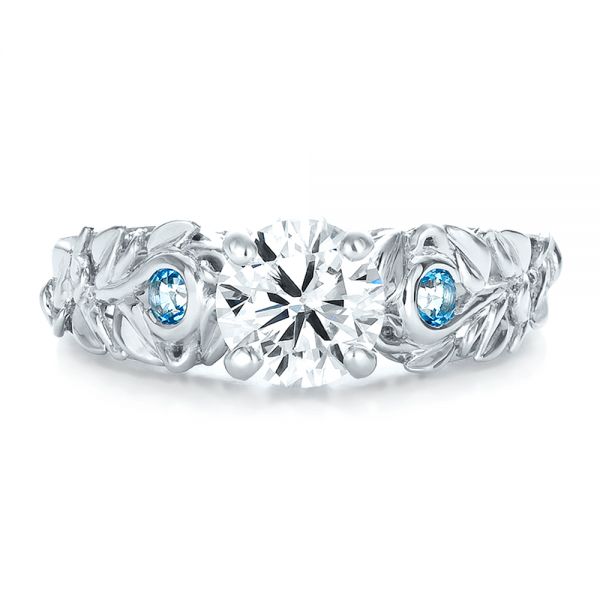 18k White Gold Custom Organic Diamond And Blue Topaz Engagement Ring - Top View - 100600