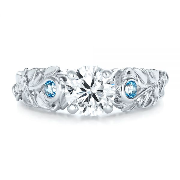 18k White Gold Custom Organic Diamond And Blue Topaz Engagement Ring - Top View -  100600