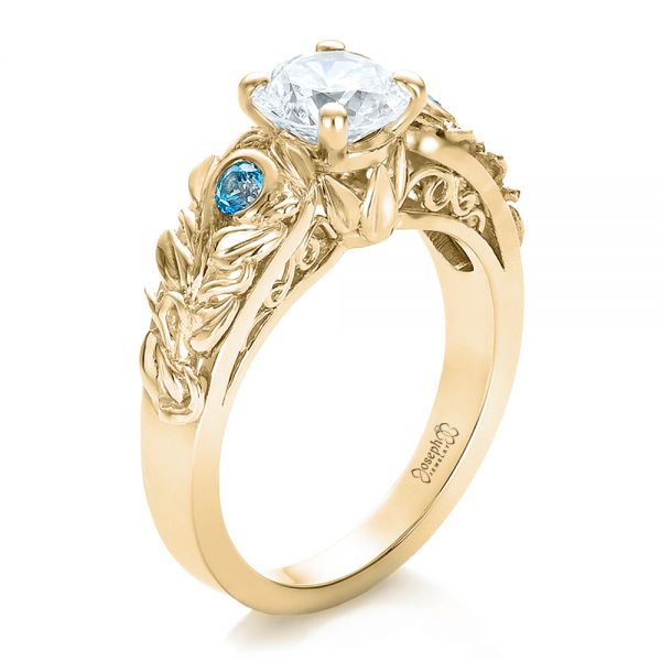 18k Yellow Gold 18k Yellow Gold Custom Organic Diamond And Blue Topaz Engagement Ring - Three-Quarter View -  100600