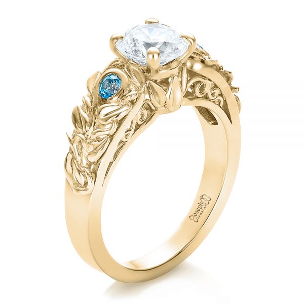 14k Yellow Gold 14k Yellow Gold Custom Organic Diamond And Blue Topaz Engagement Ring - Three-Quarter View -  100600