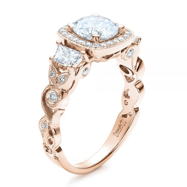 18k Rose Gold 18k Rose Gold Custom Organic Engagement Ring With Halo - Three-Quarter View -  100095