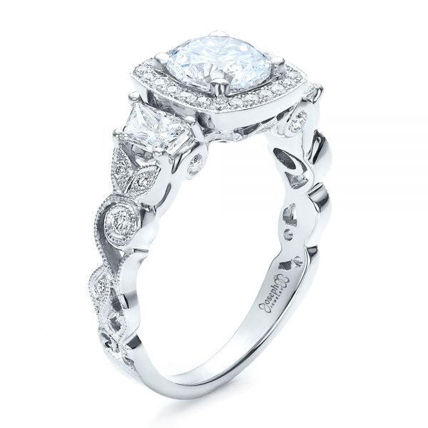 18k White Gold Custom Organic Engagement Ring With Halo - Three-Quarter View -  100095