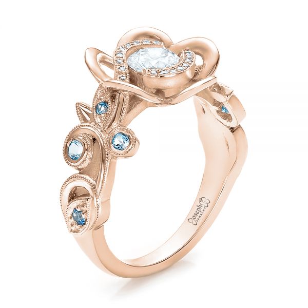 18k Rose Gold 18k Rose Gold Custom Organic Flower Halo Diamond And Blue Topaz Engagement Ring - Three-Quarter View -  100626