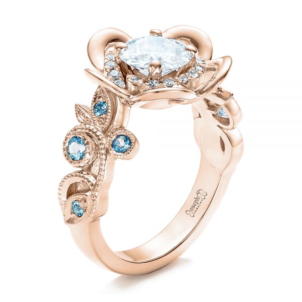 14k Rose Gold 14k Rose Gold Custom Organic Flower Halo Diamond And Blue Topaz Engagement Ring - Three-Quarter View -  101946