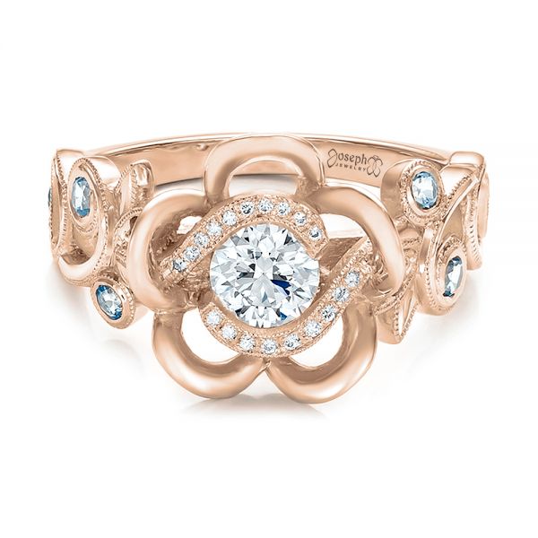 18k Rose Gold 18k Rose Gold Custom Organic Flower Halo Diamond And Blue Topaz Engagement Ring - Flat View -  100626