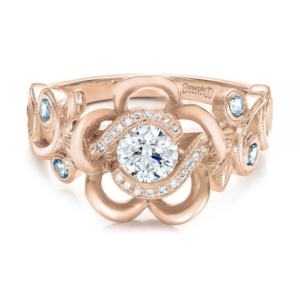 18k Rose Gold 18k Rose Gold Custom Organic Flower Halo Diamond And Blue Topaz Engagement Ring - Flat View - 100626