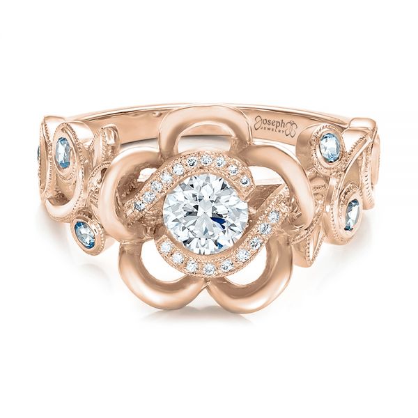 14k Rose Gold 14k Rose Gold Custom Organic Flower Halo Diamond And Blue Topaz Engagement Ring - Flat View -  100626