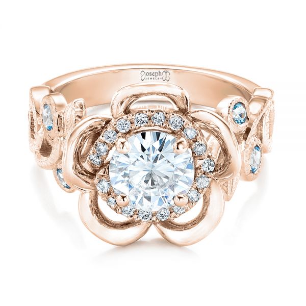 14k Rose Gold 14k Rose Gold Custom Organic Flower Halo Diamond And Blue Topaz Engagement Ring - Flat View -  101946