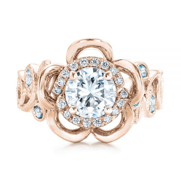 18k Rose Gold 18k Rose Gold Custom Organic Flower Halo Diamond And Blue Topaz Engagement Ring - Top View -  101946