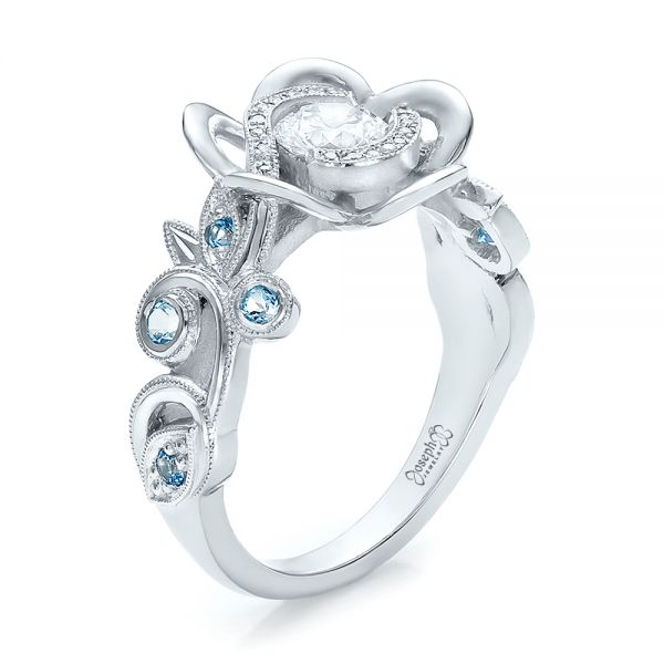  Platinum Custom Organic Flower Halo Diamond And Blue Topaz Engagement Ring - Three-Quarter View -  100626