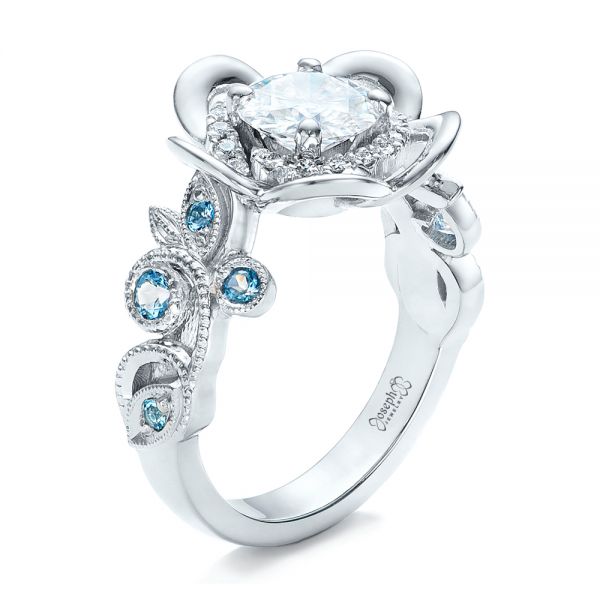 14k White Gold Custom Organic Flower Halo Diamond And Blue Topaz Engagement Ring - Three-Quarter View -  101946
