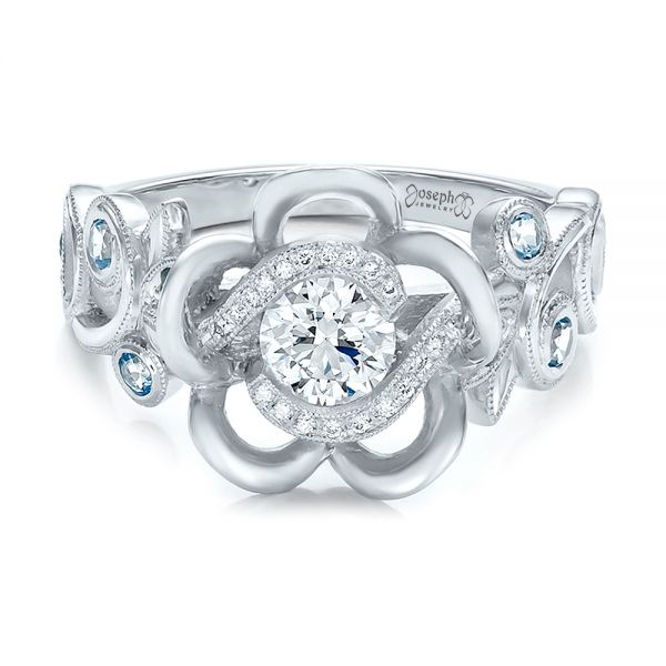 18k White Gold 18k White Gold Custom Organic Flower Halo Diamond And Blue Topaz Engagement Ring - Flat View -  100626