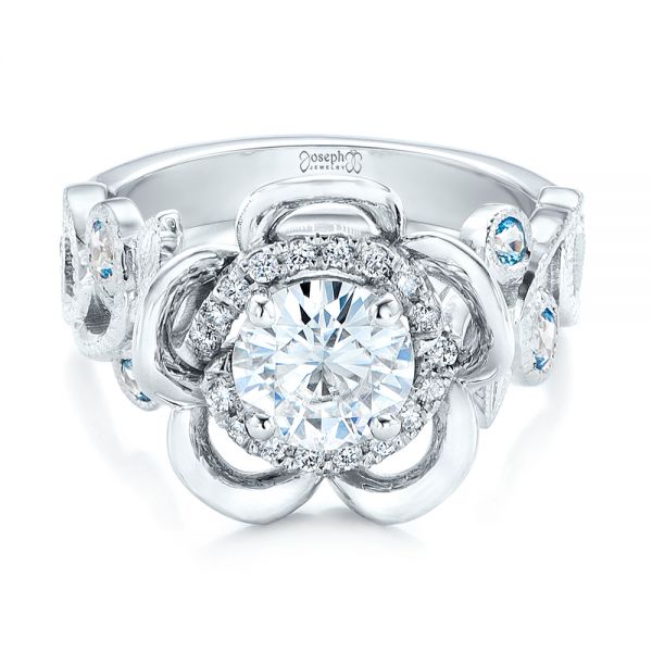 18k White Gold 18k White Gold Custom Organic Flower Halo Diamond And Blue Topaz Engagement Ring - Flat View -  101946