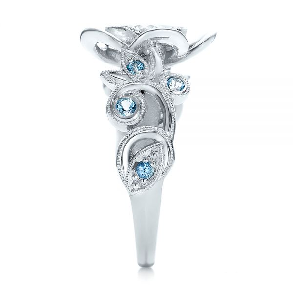 14k White Gold 14k White Gold Custom Organic Flower Halo Diamond And Blue Topaz Engagement Ring - Side View -  100626