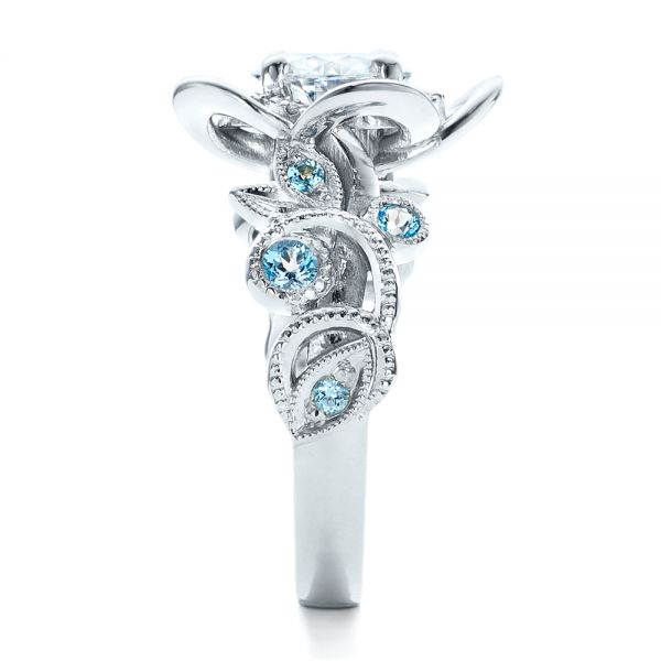 14k White Gold Custom Organic Flower Halo Diamond And Blue Topaz Engagement Ring - Side View -  101946