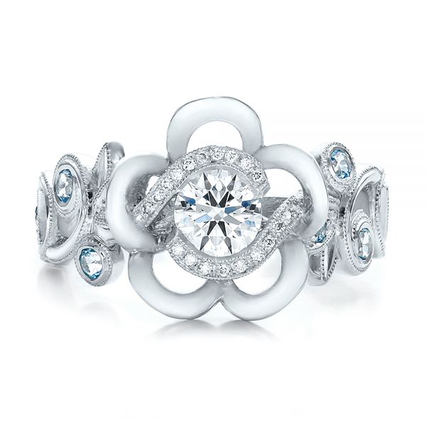  Platinum Custom Organic Flower Halo Diamond And Blue Topaz Engagement Ring - Top View -  100626