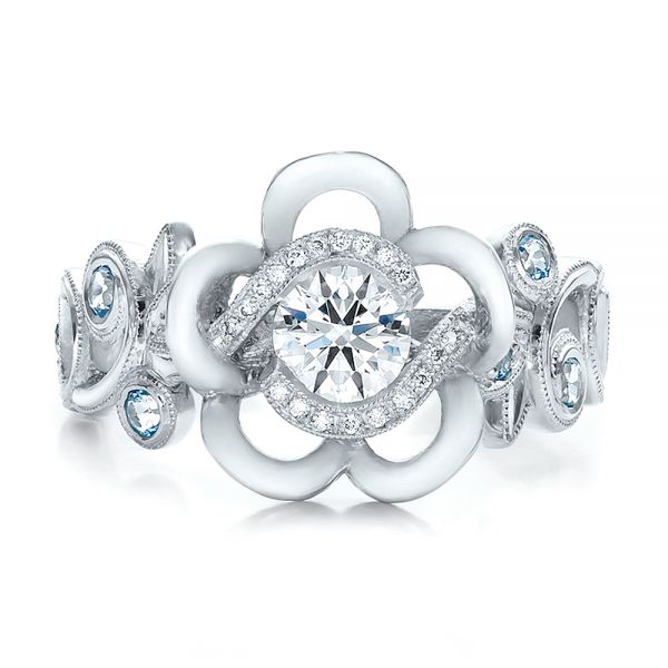 14k White Gold 14k White Gold Custom Organic Flower Halo Diamond And Blue Topaz Engagement Ring - Top View -  100626