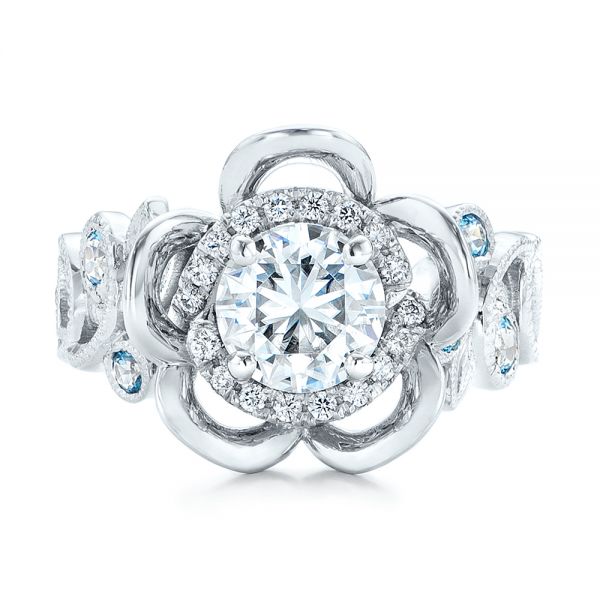  Platinum Platinum Custom Organic Flower Halo Diamond And Blue Topaz Engagement Ring - Top View -  101946