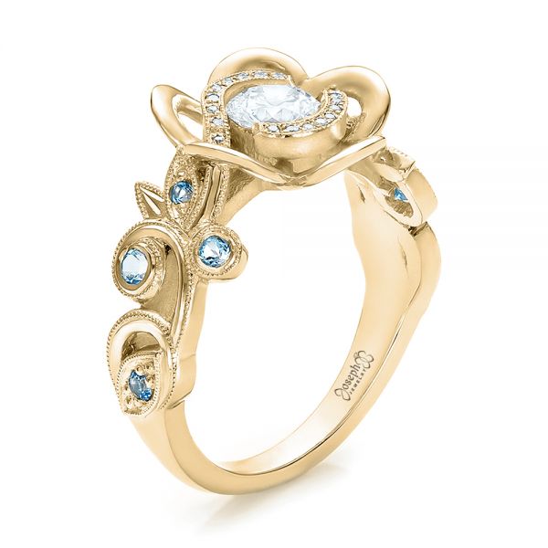 14k Yellow Gold 14k Yellow Gold Custom Organic Flower Halo Diamond And Blue Topaz Engagement Ring - Three-Quarter View -  100626