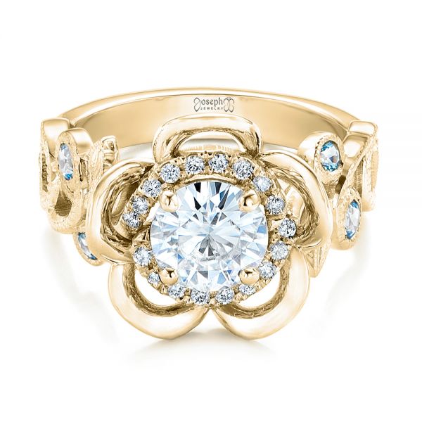 18k Yellow Gold 18k Yellow Gold Custom Organic Flower Halo Diamond And Blue Topaz Engagement Ring - Flat View -  101946