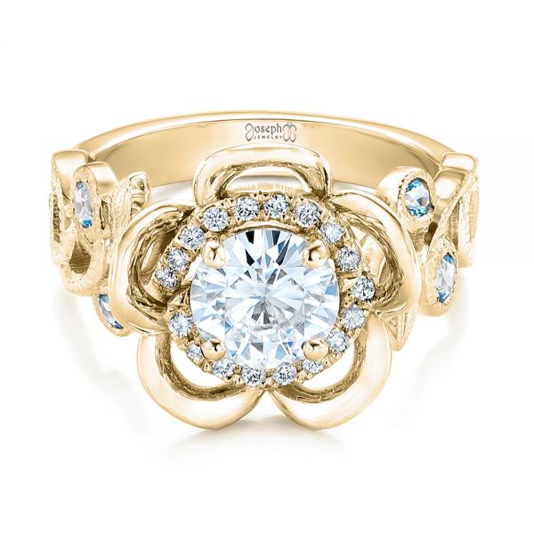 18k Yellow Gold 18k Yellow Gold Custom Organic Flower Halo Diamond And Blue Topaz Engagement Ring - Flat View - 101946