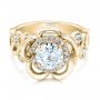 14k Yellow Gold 14k Yellow Gold Custom Organic Flower Halo Diamond And Blue Topaz Engagement Ring - Flat View -  101946 - Thumbnail