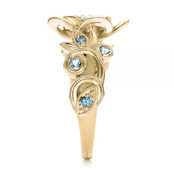 18k Yellow Gold 18k Yellow Gold Custom Organic Flower Halo Diamond And Blue Topaz Engagement Ring - Side View -  100626
