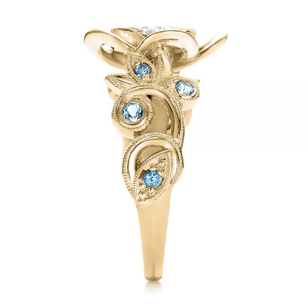18k Yellow Gold 18k Yellow Gold Custom Organic Flower Halo Diamond And Blue Topaz Engagement Ring - Side View - 100626