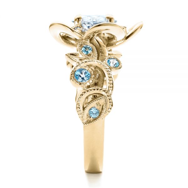 18k Yellow Gold 18k Yellow Gold Custom Organic Flower Halo Diamond And Blue Topaz Engagement Ring - Side View - 101946