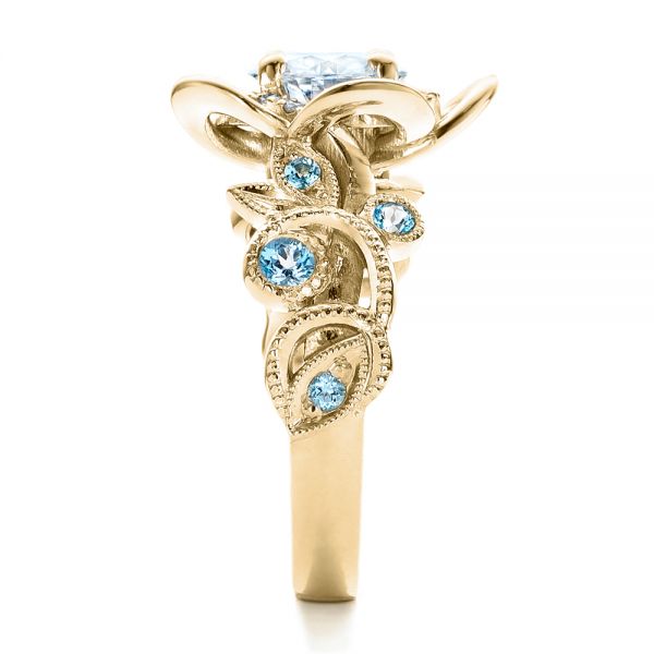 14k Yellow Gold 14k Yellow Gold Custom Organic Flower Halo Diamond And Blue Topaz Engagement Ring - Side View -  101946