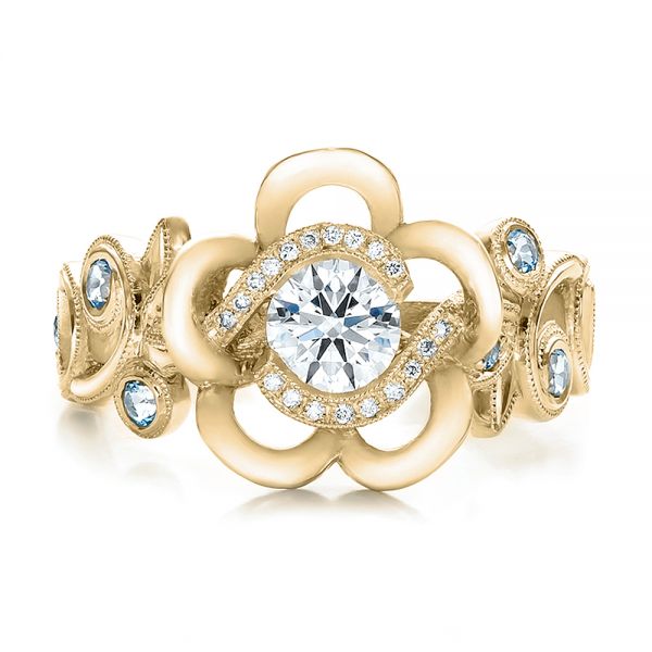 18k Yellow Gold 18k Yellow Gold Custom Organic Flower Halo Diamond And Blue Topaz Engagement Ring - Top View -  100626