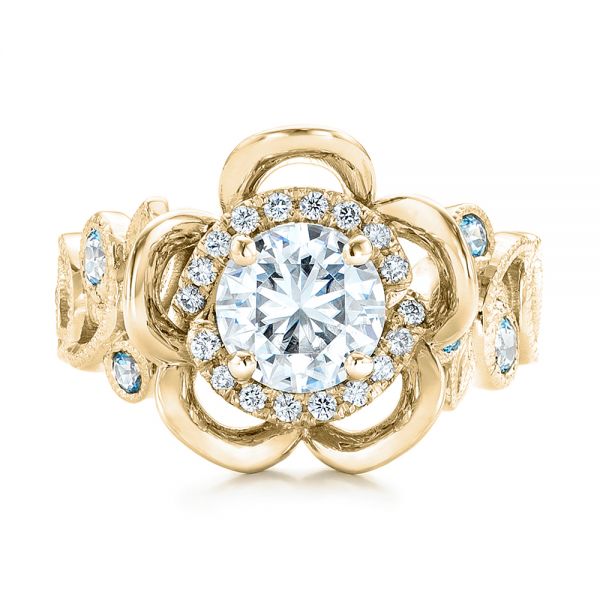 14k Yellow Gold 14k Yellow Gold Custom Organic Flower Halo Diamond And Blue Topaz Engagement Ring - Top View -  101946
