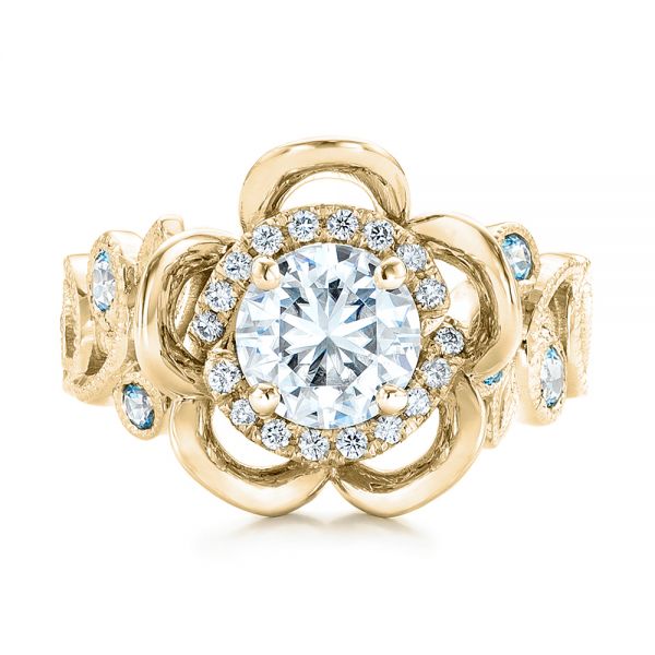 18k Yellow Gold 18k Yellow Gold Custom Organic Flower Halo Diamond And Blue Topaz Engagement Ring - Top View - 101946