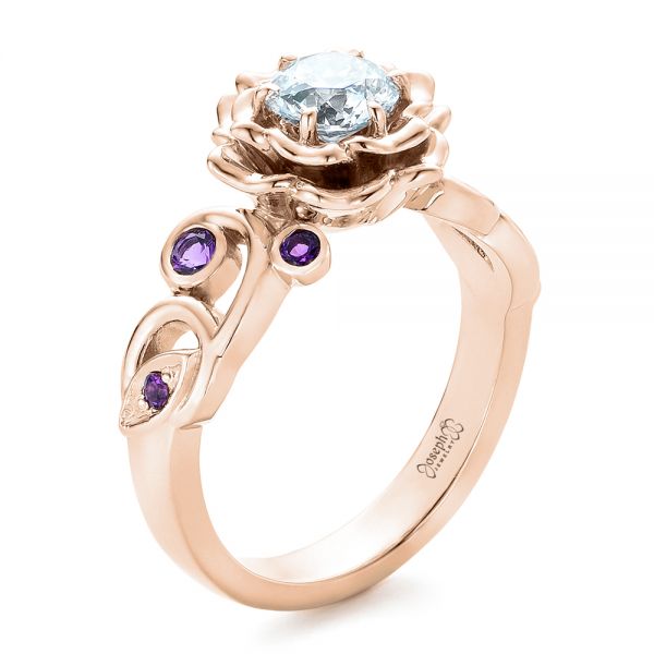 18k Rose Gold 18k Rose Gold Custom Organic Flower Halo And Amethyst Engagement Ring - Three-Quarter View - 102279