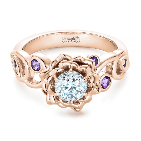 18k Rose Gold 18k Rose Gold Custom Organic Flower Halo And Amethyst Engagement Ring - Flat View - 102279