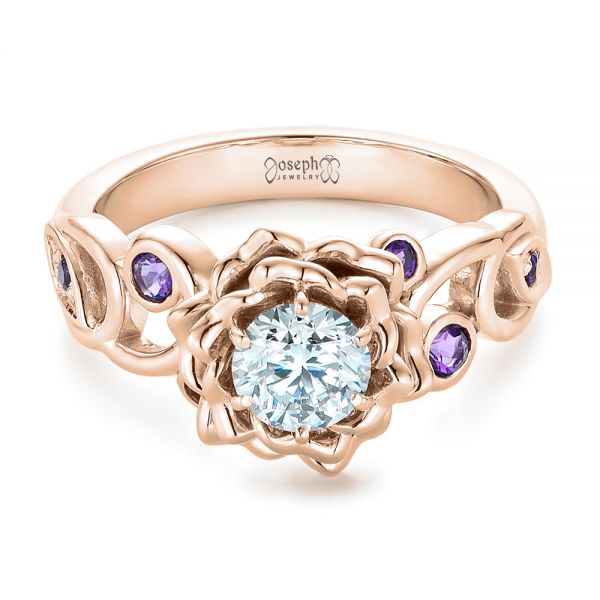 18k Rose Gold 18k Rose Gold Custom Organic Flower Halo And Amethyst Engagement Ring - Flat View -  102279