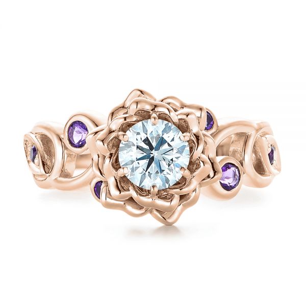 18k Rose Gold 18k Rose Gold Custom Organic Flower Halo And Amethyst Engagement Ring - Top View - 102279
