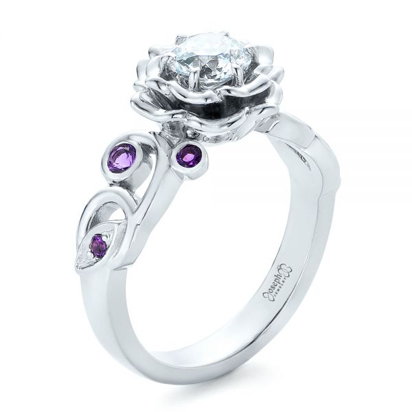 14k White Gold Custom Organic Flower Halo And Amethyst Engagement Ring - Three-Quarter View -  102279